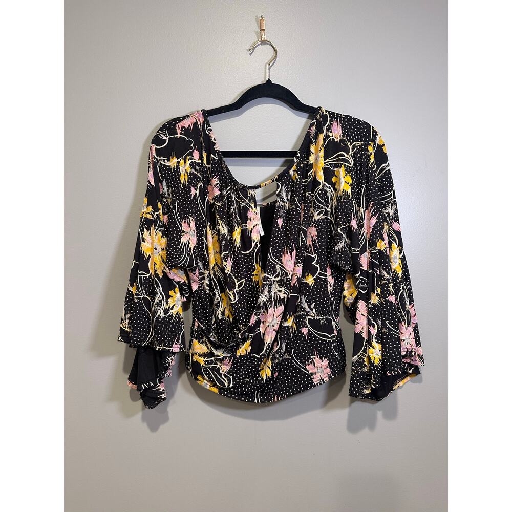 Free People Last Time Draped Bell Sleeve Top Small Black Floral Boho - Picture 6 of 12